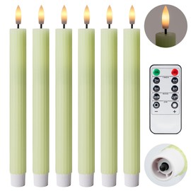 West Ivory 12 Pack, 10" LED Flameless Light Sage Green Fluted Ribbed Grooved Taper Candles, Remote & 24h Timer Memory, On/Off Button, Dimmable, Flicker Mode, Battery Operated Christmas Menorah Wedding