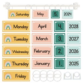 EAMAY Classroom Boho Rainbow Flip Calendar Chart Set wtih 55 Cards and Hanging Rod, Colorful Classroom Decor for Teacher Supplies Must Haves!