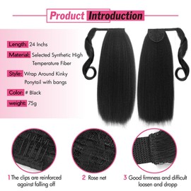 Kinky Straight Ponytail Extension with Bangs for Black Women,Yaki Straight Wrap Arpund Pony Tail Hair Clip in Ponytail Extension Magic Paste Natural Looking Hair Hairpiece for Daily Party Use (Black)