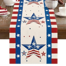 DLZDN 4th of July Blue Red Star Table Runner Independence Day Memorial Day Patriotic Home Kitchen Dining Table Home Party Decor 13x72 Inch