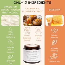 100% Grass Fed Grass Finished Whipped Beef Tallow Moisturizer/Body Balm for Face, Body, Oily, Dry, Sensitive Skin -Contains Vitamins A, D, E, K -USA M
