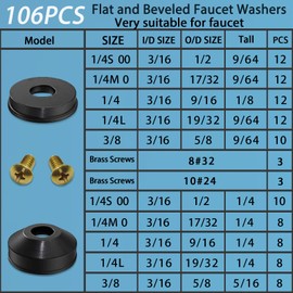 ZDBB 106 pcs Flat and Beveled Faucet Washers and Brass Bibb Screws Assortment for Use with Assorted Quick-Opening Style Faucets Stem Worn Out Washer Replacements Black