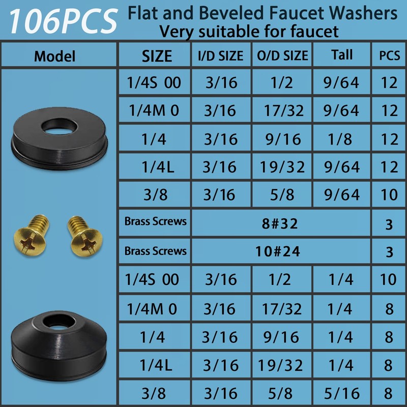 ZDBB 106 pcs Flat and Beveled Faucet Washers and Brass
