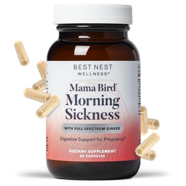 Mama Bird Morning Sickness Relief for Pregnant Women, Nausea Relief Supplement with Full Spectrum Ginger for Dizziness + Motion Sickness, 60 Ct. Includes Bonus Healthy Pregnancy Secrets, value $59.95