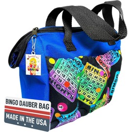 LUCKY LADY DAUBER CO. Neon Bingo Bags with Pockets, 6 Pocket Bingo Daubers Bag with Inside Liner and Sweet on Bingo Lucky Charm - Card and Dauber Bingo Bags for Women, Neon Blue Bingo Dauber Bag