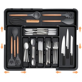 Spaclear Silverware Organizer Large Kitchen Utensil Drawer Organizer Expandable 22"x 19" Silverware Tray Flatware and Cutlery Holder for Spoons Forks Knives Storage Dividers Plastic BPA Free Black