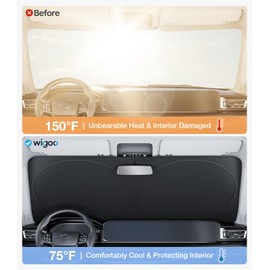 Wigoo 2025 Upgrade Car Windshield Sun Shade [100% Light Block, 4th-Gen Cooling Tech] Foldable Heat Insulation Interior Sun Visor with Storage Bag for Sedans/SUVs/Hatchbacks (M (64"x32")