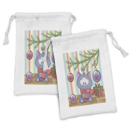 Ambesonne Christmas Fabric Pouch Set of 2, Kitten with Scarf Under the Tree with Ball Celebration and Gift Box Cat Themed, Small Drawstring Bag for Toiletries Masks and Favors, 9" x 6", Multicolor