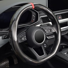 ZHOL Steering Wheel Cover Carbon Fiber, D Shaped Car Wheel Cover 14 1/2-15 in (37-39 cm), Black