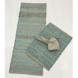 Chardin home | Natural Jute Table Runner | 13x36 Rustic Farmhouse Table Runner | Table Runner Colors - Natural Jute and Aqua Turquoise.