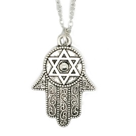 JewelleryJoy Hamsa Hand Necklace Fatima Palm David Star Pendant in an Organza Gift Bag