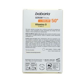 Babaria - Serum Protector Solar Facial FPS 50+ con Booster Vitamina D y Niacinamida | Bloqueador Solar Antiedad y Antioxidante | Protección UVA UVB IR HEV | Textura Ligera de Rápida Absorción | Coral Friendly y Biodegradable | Todo Tipo de Pieles | 30 ml