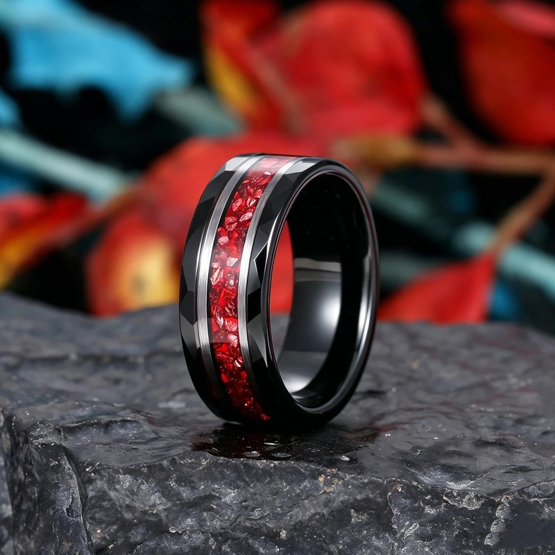 Reseldda 8mm Black Synthetic Ruby Tungsten Wedding Bands for Men