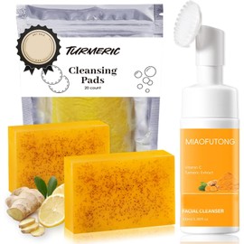 Turmeric Wash and Care 3 Piece Set for Face & Body, Turmeric Trio: Kojic Soap Bar/Facial Pads/Face Cleansing Wash with Brush, TurmericSoap for All Skin Types, Jabon De Curcuma (8Pcs/2Set)
