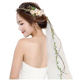 Bueer Flower Wreath Headband Crown Floral Garland Boho for Festival Wedding with Veil, Medium