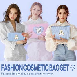 mibasies 2 PCS Initial Makeup Bags for Women: Cosmetic Bag for Travel Toiletry -Easter Gifts for Girls Kids Teen - Birthday Gifts for Kids - 15 14 13 Year Old Girl Graduation Gifts - Blue A