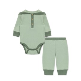 Little Me Simply Essential Solids 100% Organic Clothes for Baby Green Bodysuit and Pant Set, Smoke Green/Hedge Green, 9 Months