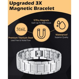 Jeracol 3X Strength Magnetic Bracelet Men – Effective Titanium Steel Magnet Bracelets with 3500 Gauss Magnets– Adjustable Length with Sizing Tool(Silver)