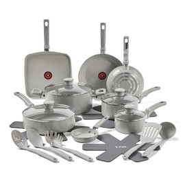 T-fal Refresh Ceramic, Ceramic Non Stick Cookware Set 20 Piece, Oven Broiler Safe 350F, Kitchen Set w/Egg Pan, Fry Pans, Saucepans, Griddle, Sautepan, Dutch Oven & Utensils, Pots, Pans, Moon Gray