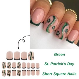 St. Patrick's Day Press on Nails Short Square Fake Nails with Green French tips Shamrock Irish Design Reusable Glitter Curve Stick on Nails Glossy Gift for Women DIY Four-Leaf Clover Manicure 24pcs