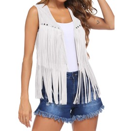 Womens Fringe Vest 70s Hippie Waistcoat Sleeveless Cowgirl Western Faux Suede Tassel Leather Outerwear Cardigan Streetwear (A-White, S)