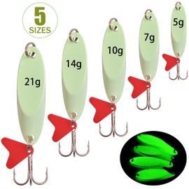 Luminous Fishing Spoon Lures Kit 10pcs Metal Casting Spoon Lures with Treble Hook Glow Hard Baits Fishing Sequin Lures for Salmon Bass Trout, Size 5g-21g