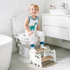 COSYLAND Kids Step Stool for Bathroom Height Adjustable - Lovely Cat Potty Training Stools for Toddlers - Wooden Stepping Stool with Handle for Bathroom Sink (Natural & White)