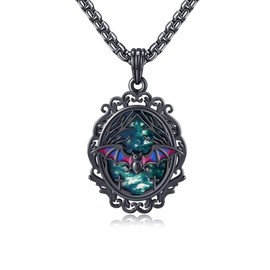 Gothic Bat Necklace 925 Sterling Silver Goth Cameo Fligree Moss Agate Pendant Necklace Gothic Bat Jewelry for Women Unisex Goth Lover