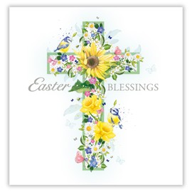 Noel Tatt Religious Easter Greeting Cards Pack of 6 - Happy Easter Cards with Floral Cross and Blue Tits Design - Easter Blessings - 127 x 127mm