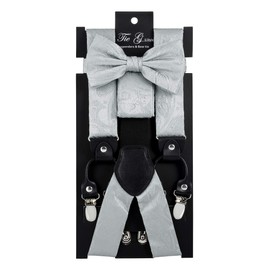 Corbata G, tirantes y pajarita, bolsillo cuadrado/juego de 3 piezas, 3,5 cm de ancho de banda, 6 clips, 3 bucles de piel, longitud ajustable, Una cachemira plateada., Large
