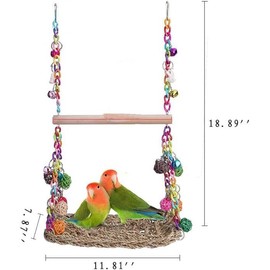 LimCryspp Seagrass Woven Bird Hammocks with Wooden Stands, Tiger Skin/Phoenix/Cone Tail/Peony Parrot Gnawing Toys, Multi-Level Climbing and Resting Platforms
