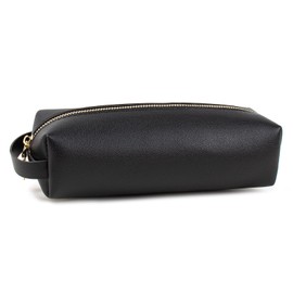 FFpaw Travel Makeup Bag, Slim Makeup Brush Bag Small Makeup Bag for Purse Leather Brush Holder Bag Portable Cosmetic Case Travel Toiletry Bag with Zipper Car Essentials for Women Girls (SLIM BLACK)
