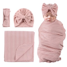 MniJiza Baby Swaddling Cloth Newborn Swaddle Toddler Girl Hat Headband Sleeping Bag (Dark Pink)