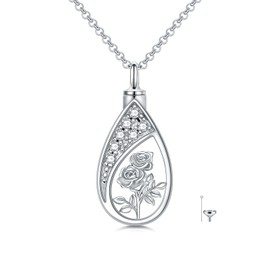 MEIDERBO June Birth Flower Urn Necklaces for Ashes 925 Sterling Silver Teardrop Urn Necklace Rose Flower Cremation Jewelry with Funnel Filler Kit Ashes Necklace for Women Human