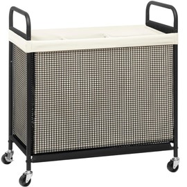 STORAGE MANIAC Rolling Laundry Hamper with Wheels 3-Section Laundry Sorter Rolling Laundrys Basket on Wheels with Removable Bag Clothes Hamper Laundrys Organizer Cart Bathroom Bedroom 120L Beige