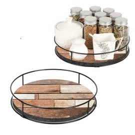 10 Inch Turntable Wooden Lazy Susan, Non-Skid Brown White Wooden Board Turntable Organizers for Cabinet, Pantry, Kitchen, Perfect Spice Rack Solution