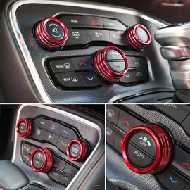For Dodge Challenger Charger 2015-2024 Interior Accessories Decoration Steering Wheel Shift Paddle Extended Trim Cover+Air Conditioner Switch CD Button Knob Decal Trim Rings (Red 5PCS)