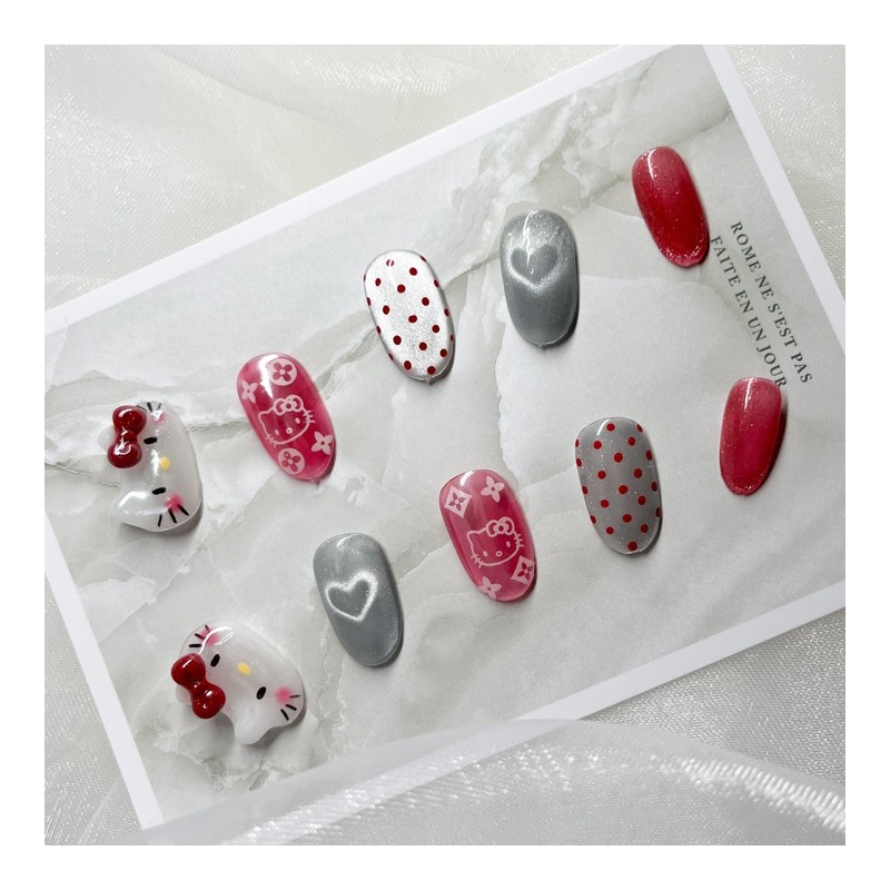 [Handmade Nail Tips] Water Glow Horizontal Cat Nails – Round