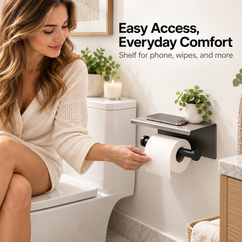 Double Roll Toilet Paper Holder with Shelf – Wall-Mounted Stainless
