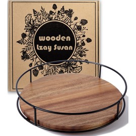 9" Acacia Wood Lazy Susan Turntable, Tomoaza Kitchen Organizer Turntable with Steel Sides, 360 Degree Turntable for Countertop Cabinet or Dining Table(Black)