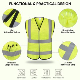 TICONN Reflective Safety Vest, High Visibility Vest with Reflective Strips for Men Women, Meets ANSI II (Yellow/M, 2PK)