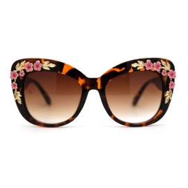 Womens Metal Flower Foliage Jewel Brow Trim Oversize Cat Eye Sunglasses Tortoise Brown