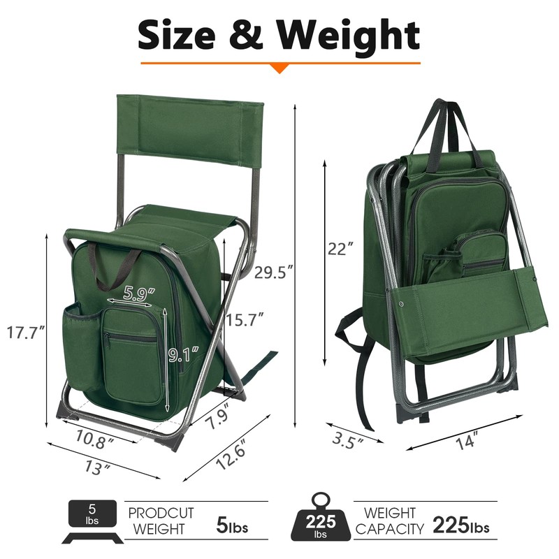 PORTAL Backpack Cooler Chair Fishing Chairs with Backrest Folding Camping