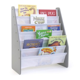 Humble Crew Kids Bookshelf 6-Tier Book Rack Organizer, Extra Large Toddler Bookcase with Fabric Storage Pockets, Front-Facing Display for Children’s Books, Grey/White, Nursery & Playroom Storage