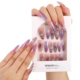 Purple Gradient French Tip Press on Nails, Long Fake Nails, Glossy Full Cover False Nails with Diamond Charms Designs, 3D Hand-Painted Green Bird and colorful flowers, 48 Soft Gel Nails Kit, 16 Pieces