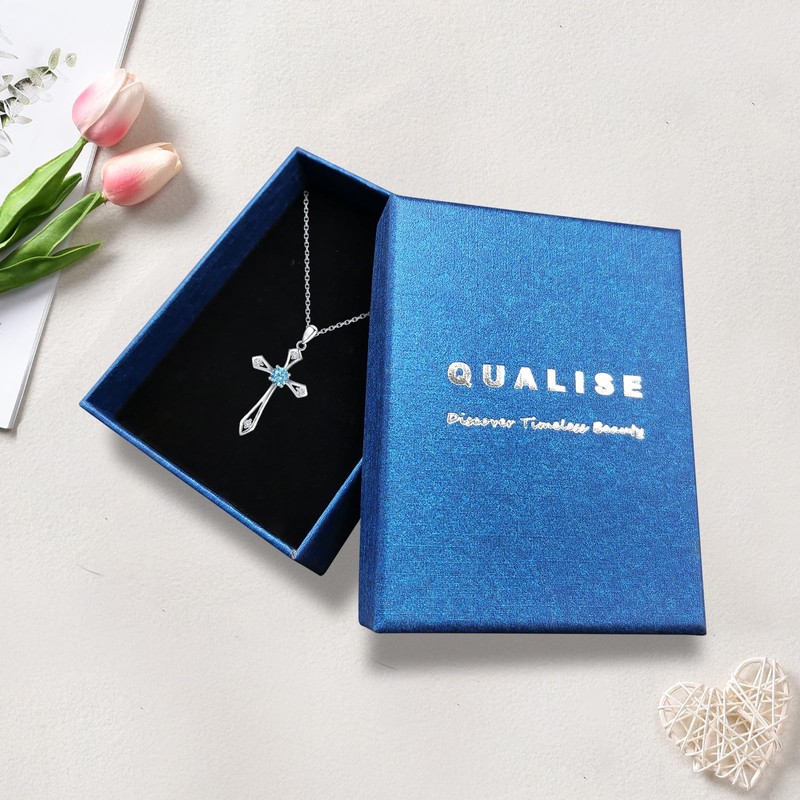 QUALISE Cross Necklace for Women,925 Sterling Silver Birthstone Necklace,Aquamarine-March Birthstone