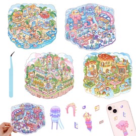 4 Sets DIY 3D House Scene Stickers, Fun Cartoon 3D Scene Abyssal Sea, Garden, Amusement Park, Forest Scene Make Stickers for Adult Kids Scrapbooking Crafts Party Decorations Supplies
