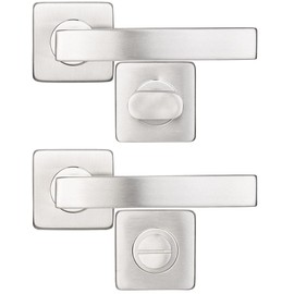 AGT Toilet Door Handles: Set of 2 Stainless Steel Door Fittings Bathroom & Toilet, 2 Latches & Rosettes, Square (Door Fittings WC Long Plates, Door Handle Stainless Steel, Door Lock)