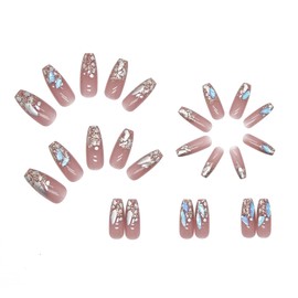 24 Pcs Nail Tips Flash Rhinestones Long Fake Nails for taking pictures, weddings, coming-of-age ceremonies, parties, after-parties, etc pearl rhinestones