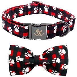Elegant little tail Christmas Dog Collar, Plaid Print Pet Collar Dog Holiday Dog Collar with Bow Red Cute Winter Dog Collar Boy Girl Puppy Collar Bow Adjustable Dog Collar for Medium Dogs